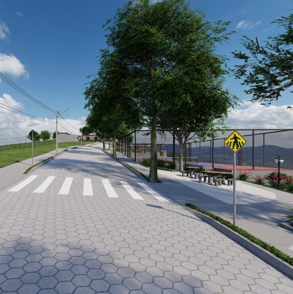 Alameda arborizada com vista para a Mantiqueira