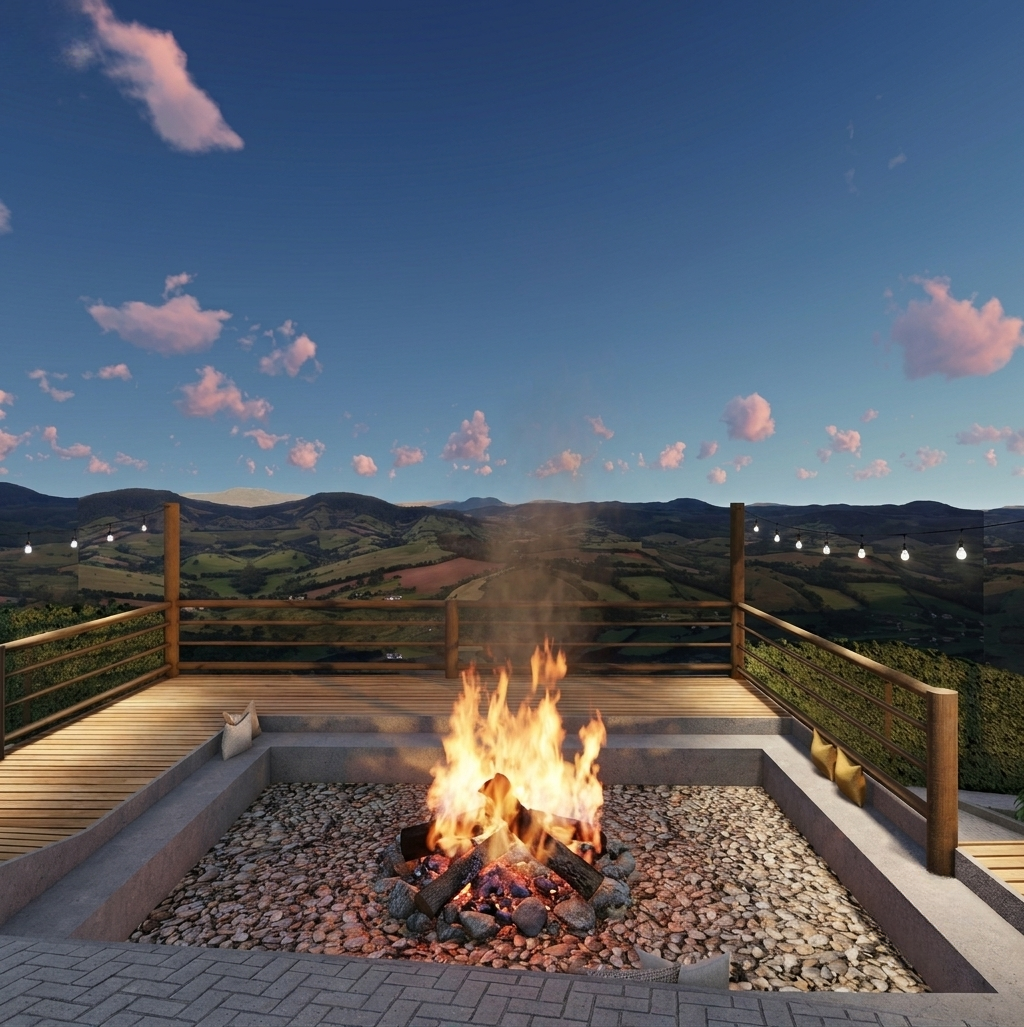 Deck com fogueira e vista panorâmica das montanhas
